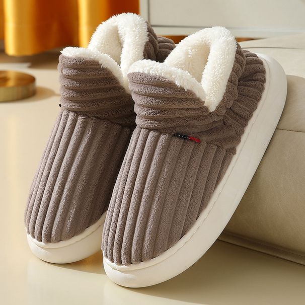 Plush Fleece-Lined House Slippers For Women & Men - Non-Slip Rubber Sole Winter Shoes With Striped Design (Gray, Navy, Brown, Green, Pink, Orange)_vogvips.com