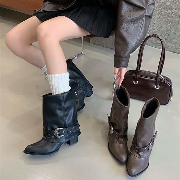 Korean-Style Versatile Western Short For Women, Stacked With Chunky Heel Design, Pleated Pointed Toe Riding Boots,_vogvips.com