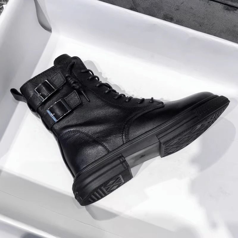 Autumn New Black Versatile Leather Flat Bottomed Short Boots, Mid Calf Martin Boots, Double Breasted Women's Boots_vogvips.com