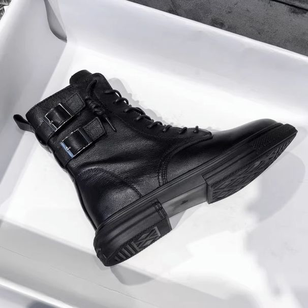 Autumn New Black Versatile Leather Flat Bottomed Short Boots, Mid Calf Martin Boots, Double Breasted Women's Boots_vogvips.com