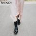 New SHENGY Patent Leather British Style Flat Boots Black Pointed Toe Boots Handsome Motorcycle Boots Women's Boots_vogvips.com
