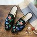 Slippers, Double Bird Embroidered Ink Painting, Bright Silk Fabric Pointed Women's Single Shoes, Casual Walking Shoes_vogvips.com