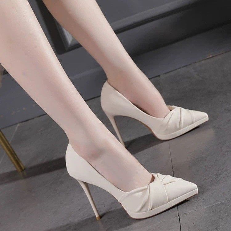 French Style Socialite Waterproof Platform High Heels New Thin Heel Beige Elegant Pointed Toe Shallow Mouth Single Shoes_vogvips.com