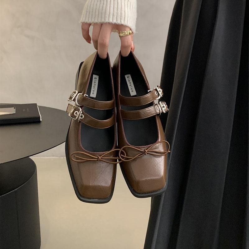 Square Headed Shallow Mouth Bow Single Shoe 2025 New Korean Version Small Leather For Women, British Coarse Heel Mary_vogvips.com