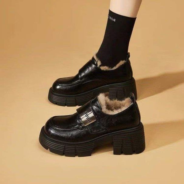 Velcro Loafers Women's Velvet Warm Two Cotton Single Shoes Leather Shoes Foreign Style_vogvips.com