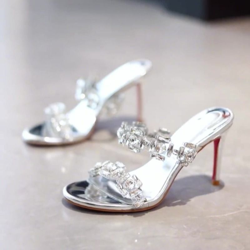 Fine Heel Flip-flops Summer New Round Head Open Toe Sequin Buckle Anti-slip Wear-resistant High-heeled Sandals_vogvips.com