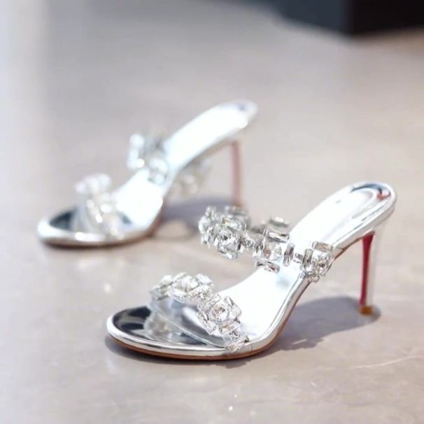 Fine Heel Flip-flops Summer New Round Head Open Toe Sequin Buckle Anti-slip Wear-resistant High-heeled Sandals_vogvips.com