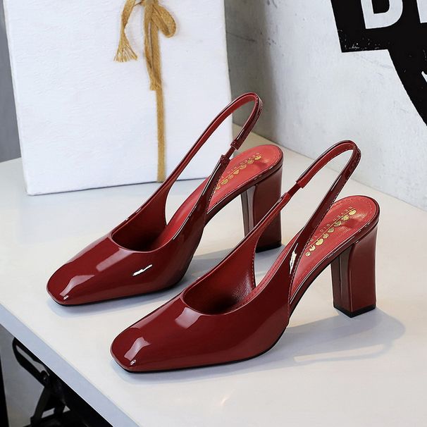 Patent Leather Square Head Thick Heel Shallow Mouth Single Shoes Women's Rear Empty High Heel Women's Shoes_vogvips.com