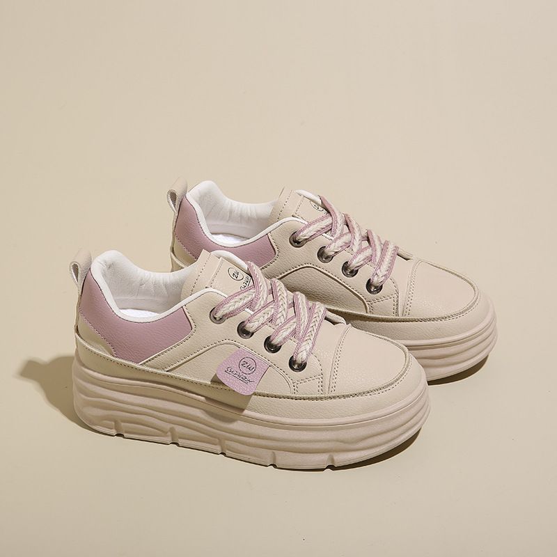 W3619 Breathable Women's Shoes, Autumn Color-Block Thick-Soled Height-Increasing Leather Casual Shoes, Fashionable Women_vogvips.com