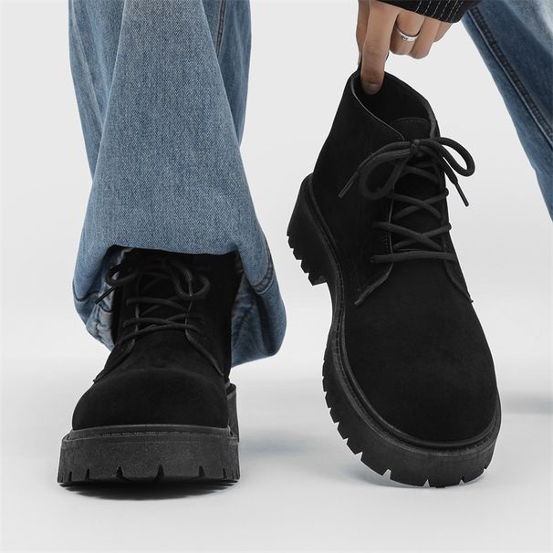 Men's Chunky Sole Derby Boots Retro Suede Workwear Style Fashionable High-Top Martin Boots In Camel & Black_vogvips.com