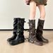Retro Buckle Detail Stacked Knee High Boots For Women - Chunky Heel, Leather Look, Fashion Riding Boots, Black & Brown_vogvips.com