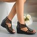 Summer New European And American Foreign Trade Wedge Heel Roman Sandals With Back Zipper, Hollow Design, Rhinestones,_vogvips.com