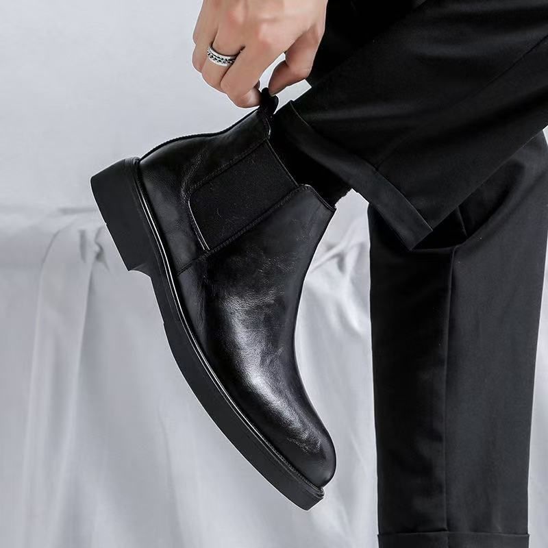 Martin Boots Men's Style Leather Side Zipper Medium Boots Black Pointed Chelsea Boots_vogvips.com
