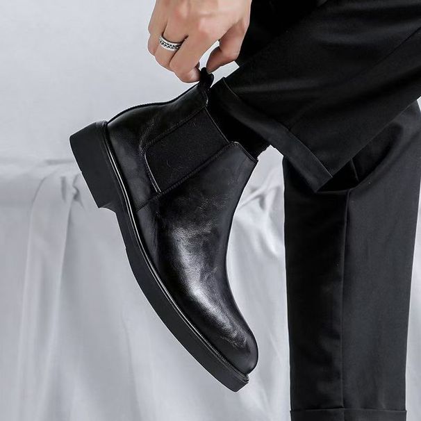 Martin Boots Men's Style Leather Side Zipper Medium Boots Black Pointed Chelsea Boots_vogvips.com