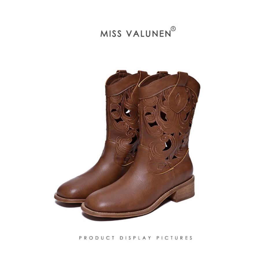 Miss Valunen Summer New Hollow Western Cowboy Round Toe Low Heel Long Boots For Women_vogvips.com