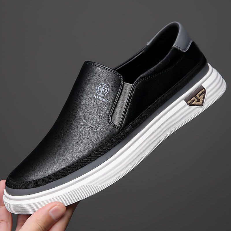Men's Slip-On Loafers – Soft Leather Casual Shoes With Cushion Sole (Black/White)_vogvips.com