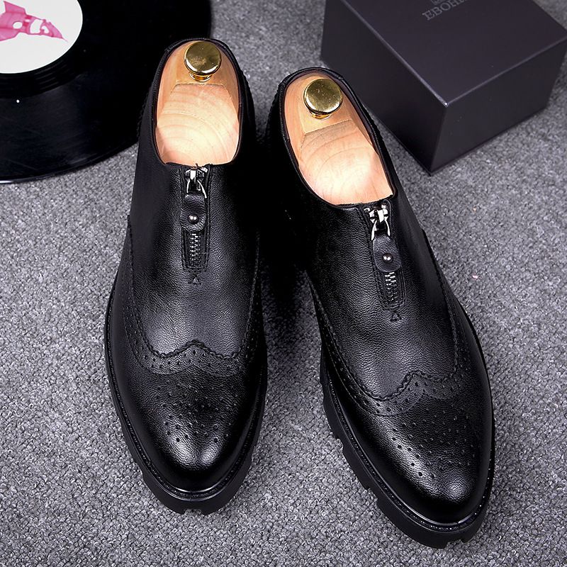 Euro Step Summer Brogue Style Carved Men's British Trend Slip-On Pointed Toe Leather Height Increasing Hairstylist Thick Sole_vogvips.com