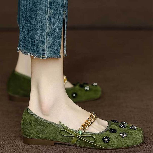 Fashionable Ethnic Style Square Toe Versatile And Comfortable Shallow Single Shoe Exquisite Rhinestone Buckle Low Heel_vogvips.com