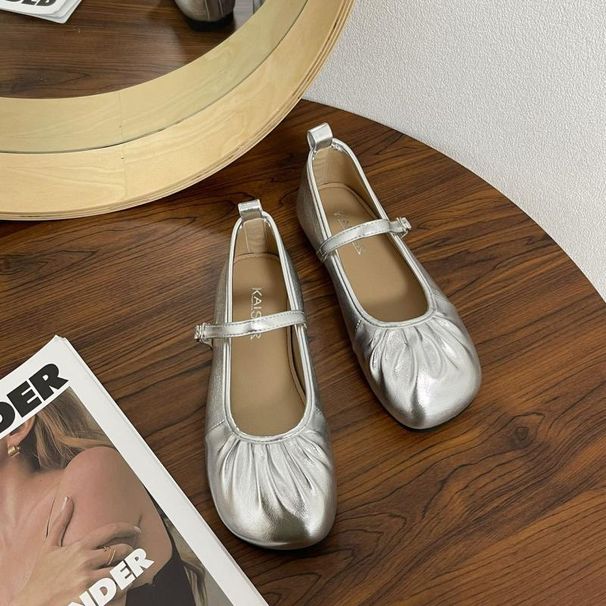 French Style Mary Jane For Women In Spring Summer 2025, New Shallow Mouth With A Single Buckle And Pleated Flat Shoes_vogvips.com