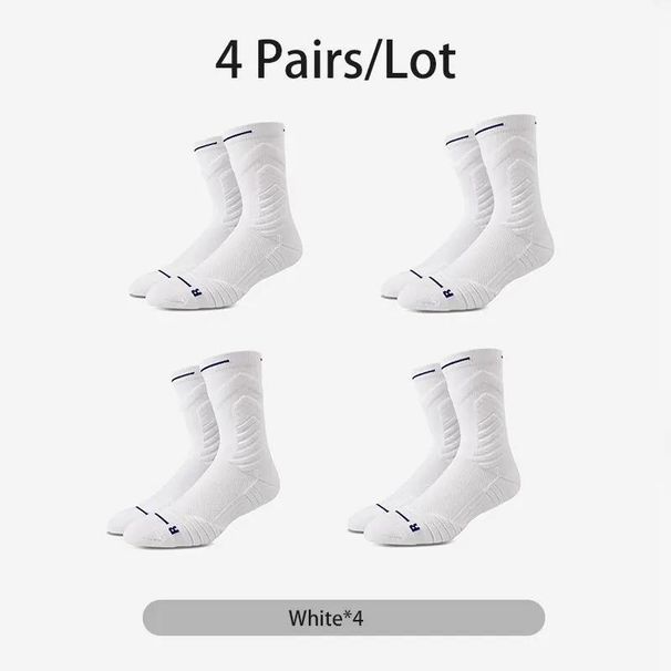 4 Pairs Men Professional Basketball Mid Tube Thick Towel Bottom Breathable Athletic Sports Socks Cushioned White_vogvips.com