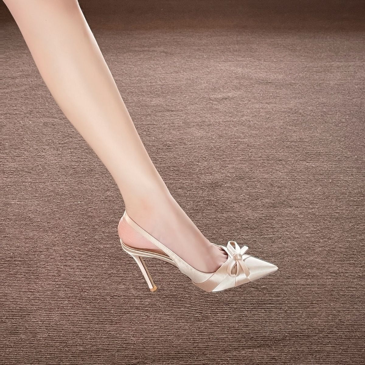 Stunning Champagne Color Elegant Comfortable Bow High Heels For Women, Fine Heel Satin Bridesmaid Bride Wedding Shoes_vogvips.com