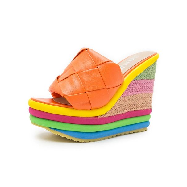 Women's Shoes New Wedge Heel Rainbow Slippers Outdoor High Heel Women's Sandals Large Size Slippers Women_vogvips.com