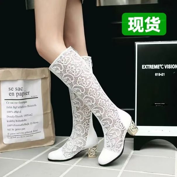 New Fashionable Round-Toe Korean Style Lace-Up Back-Zip With Mesh Chunky Heel Sandals Elegant Women's Cool Boots_vogvips.com