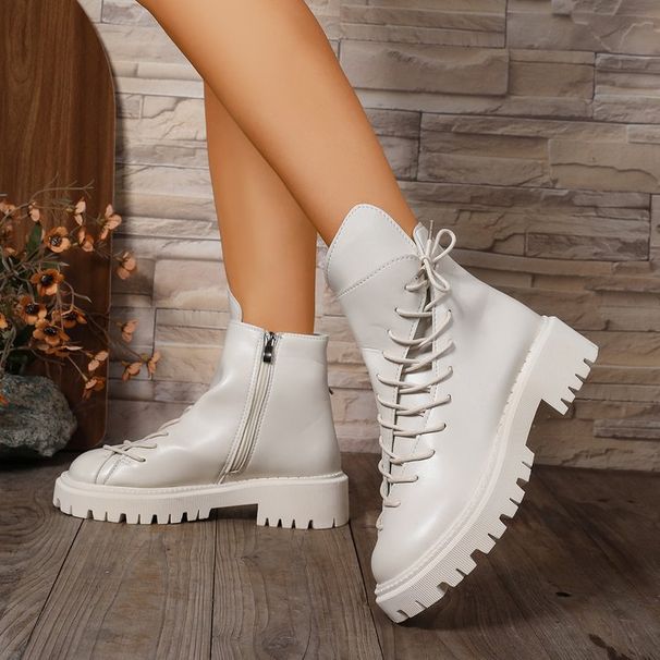Women's Fashion Chunky Sole Martin Boots - Round Toe Lace-Up Ankle Boots With PU Leather Upper, Breathable & Lightweight For Spring & Autumn_vogvips.com