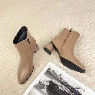 Winter Pointed High Heel Short Boots Soft Leather Women's Coarse Heel Martin Boots Spring And Autumn Single Boots Medium Heel Soft Leather Shoes_vogvips.com