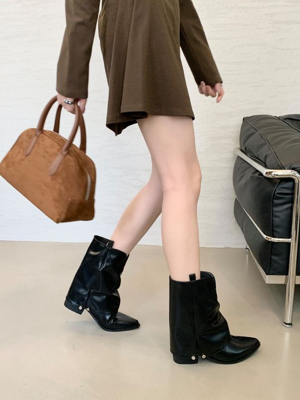 Chunky Heel Pointed Toe Booties Street Style Short Women's Shoes Spring Autumn 2024 Summer Brown Western Cowboy Boots_vogvips.com