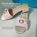Women's Pink Plaid Pearl Buckle Square Toe High Heeled Sandals 4.0 Cm Chunky Heel Casual Summer Shoes_vogvips.com
