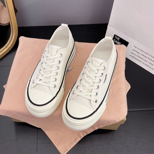 Super Versatile Canvas Shoes For Women, 2026 Summer New Model, Slip-on Round Toe, Lace-up, Non-slip, Thick-soled Casual_vogvips.com