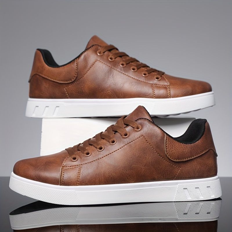Men' PU Leather Lace-up Skateboard Shoe, Trendy Comfortable Lightweight Non-lip Outdoor Shoe Walking Jogging_vogvips.com