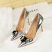 Banquet Super High-heeled Women's Single Shoes Patent Leather Metal Bow Splicing Stiletto High Heels_vogvips.com