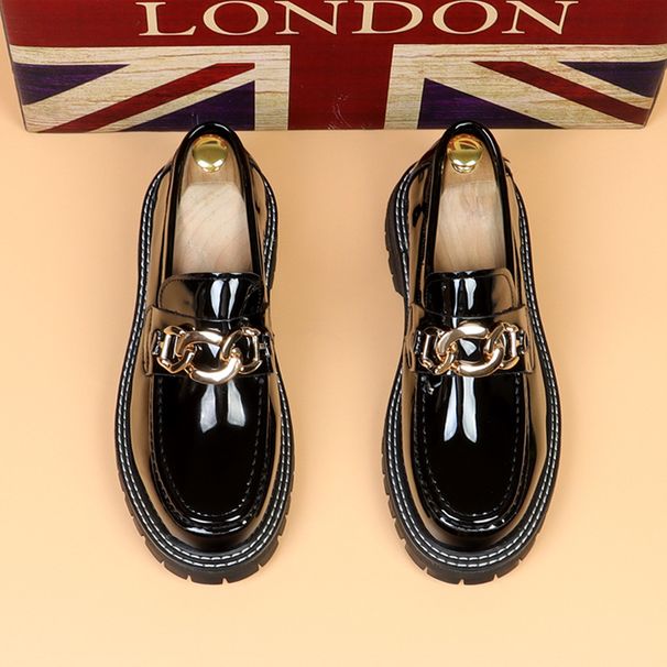 New Pointed Toe Korean Style For Men Thick Sole Height Increasing Shiny Leather Slip-On Loafers Metal Fashion Trendy_vogvips.com