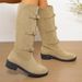 Women's Chunky Heel Wide Calf Knee High Boots With Buckle Detail & Stacked Wrinkles - Soft Suede & Genuine Leather - Round Toe Mid Heel Boots_vogvips.com