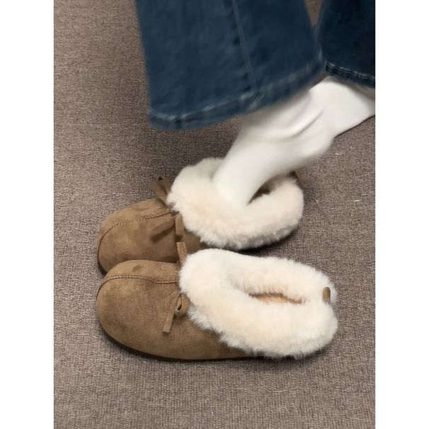 Vintage Khaki Thick-Soled Fleece-Lined Half-Slip Shoes For Women 2025 New Winter Warm Outdoor Non-Slip Furry_vogvips.com