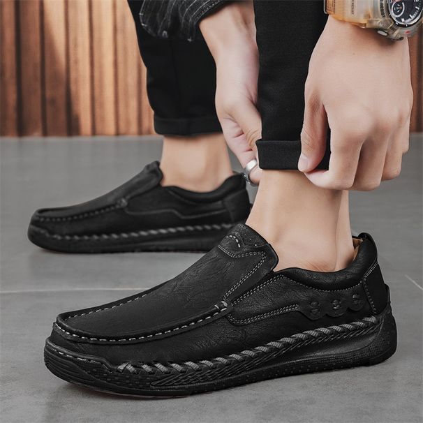 Spring New Handmade Stitched Slip-On Large Size Casual Leather Shoes Men's Super Soft Sole Loafers_vogvips.com