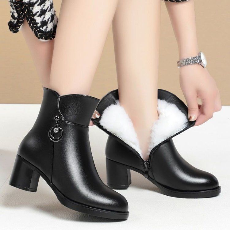 ShoeVault 2024 New Autumn Winter Short Thick Plush Lined Soft Leather Mid Shoes High Heel Martin Women's Cotton Boots_vogvips.com