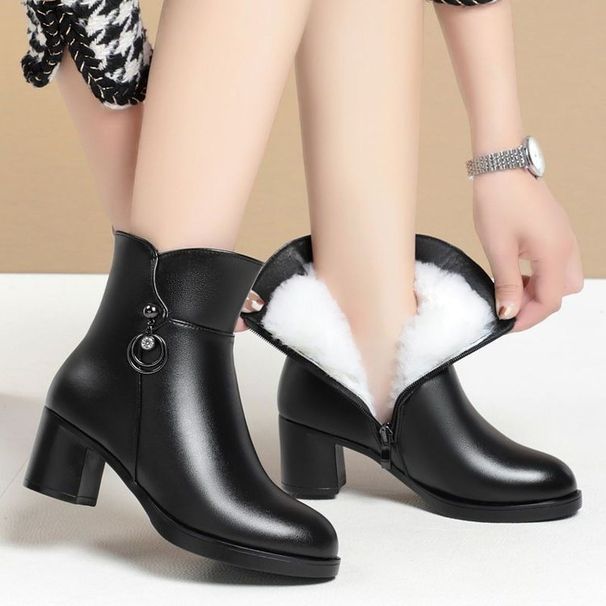 ShoeVault 2024 New Autumn Winter Short Thick Plush Lined Soft Leather Mid Shoes High Heel Martin Women's Cotton Boots_vogvips.com