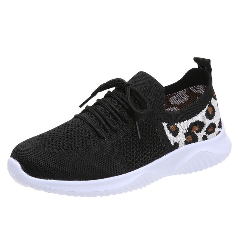 Cross-border Plus-size Casual Sports Shoes, New Style, Fly-knit Leopard Print, Round Toe, Lace-up, Flat-soled,_vogvips.com