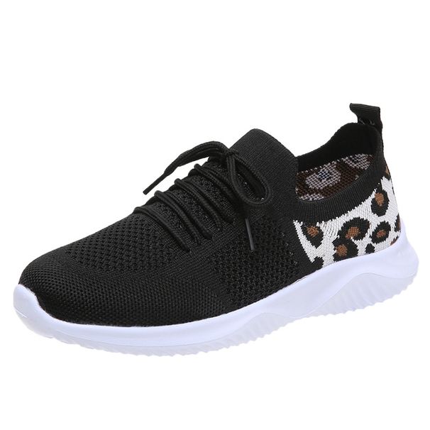 Cross-border Plus-size Casual Sports Shoes, New Style, Fly-knit Leopard Print, Round Toe, Lace-up, Flat-soled,_vogvips.com