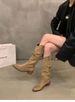 Chunky Heel Retro Brown V-Cut Slouch Mid-Calf Women's Shoes 2025 Autumn Winter Pointed Toe Western Cowboy Long Boots_vogvips.com