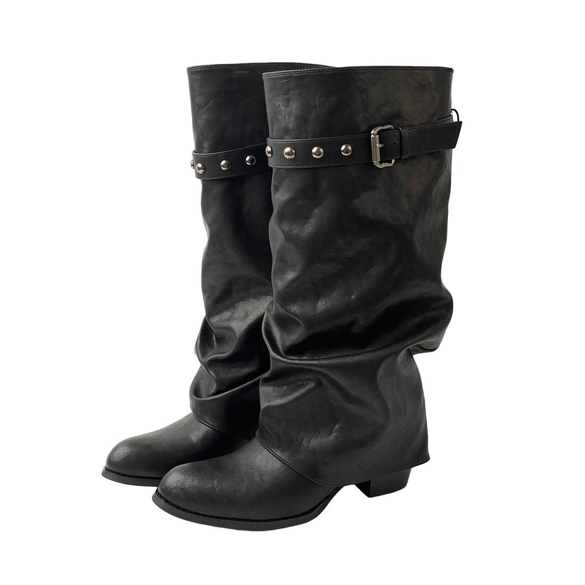 Women's Retro Black Thick Soled Slouch Rider Boots Versatile Height Increasing Belt Buckle Western Long Boots_vogvips.com