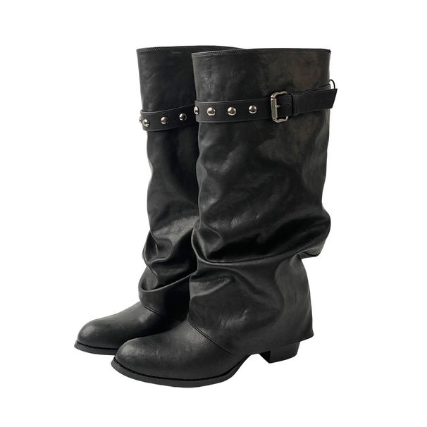 Women's Retro Black Thick Soled Slouch Rider Boots Versatile Height Increasing Belt Buckle Western Long Boots_vogvips.com