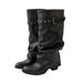 Women's Retro Black Thick Soled Slouch Rider Boots Versatile Height Increasing Belt Buckle Western Long Boots_vogvips.com