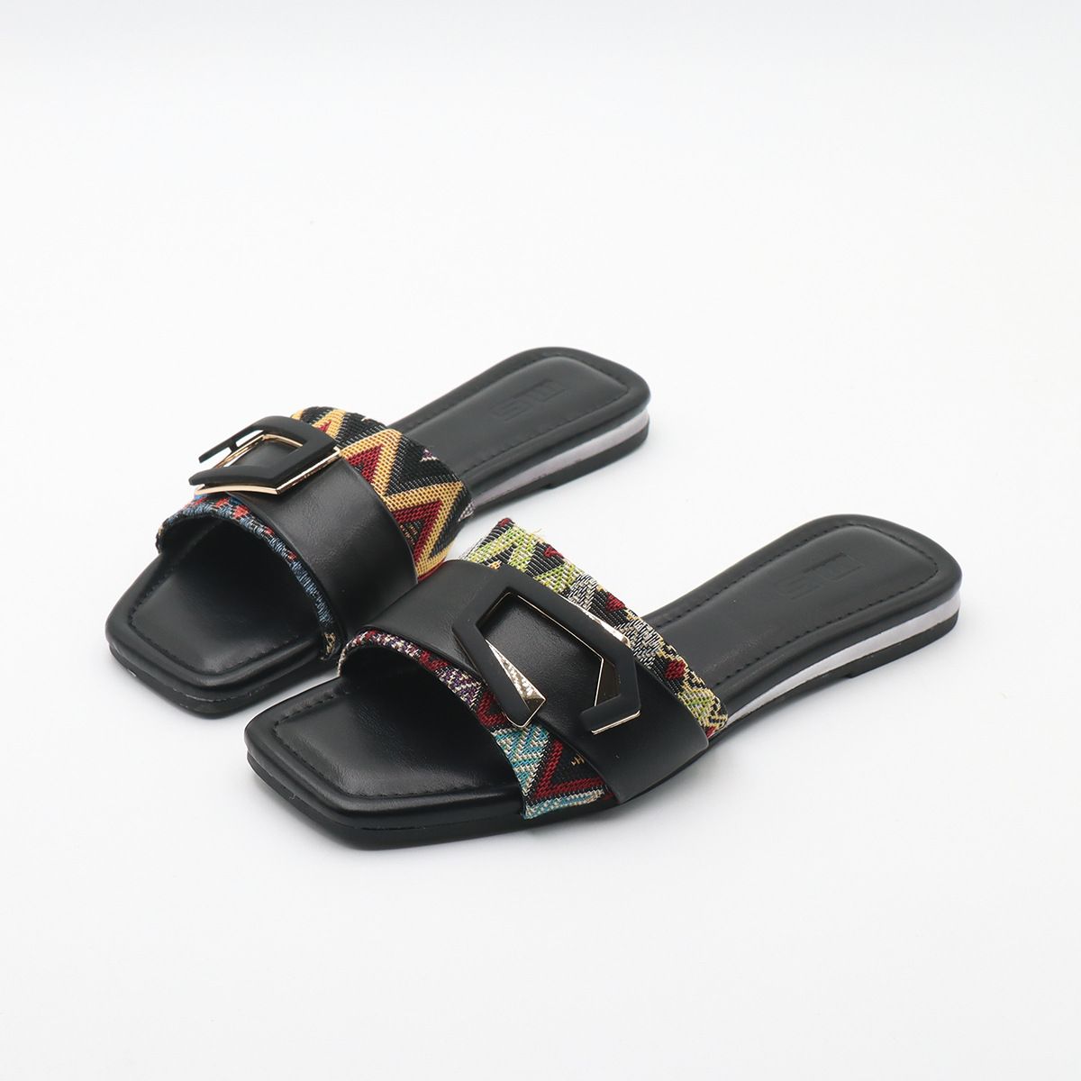 MS Women's Ethnic Flat Sandals - Wide Width Square Toe Slip-On Mules With Leather Lining & Rubber Sole (Black, Beige, Brown)_vogvips.com