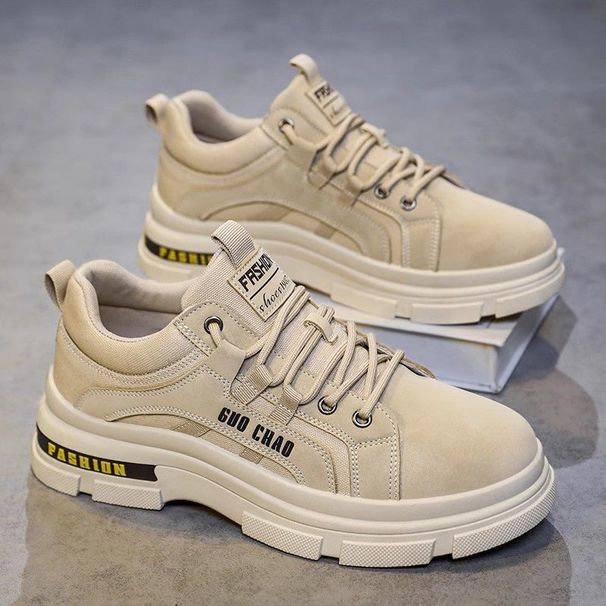 Men's Casual Work Shoes With Thick Non-Slip Rubber Sole, Breathable Synthetic Leather Sneakers For Daily Wear, Round Toe Low-Top Lace-Up Shoes_vogvips.com