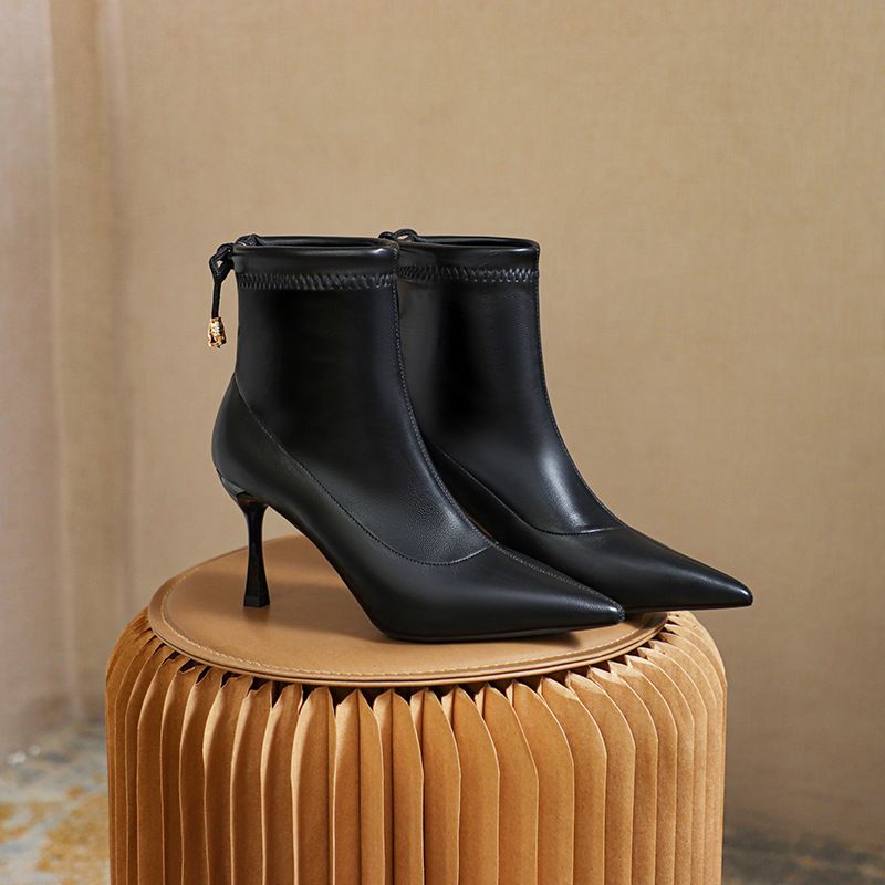 XYP-D Autumn Winter Leather Stretch Short Boots Pointed Toe Thin Heel Versatile Slimming High Heels Various Sizes_vogvips.com