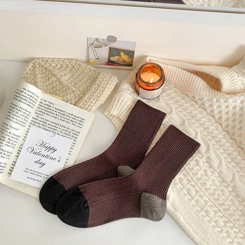 Wool Blend Striped Socks For Men And Women - Mid-Crew Thick Knit Thermal Socks With Color Blocking, Comfortable & Breathable For All Seasons_vogvips.com